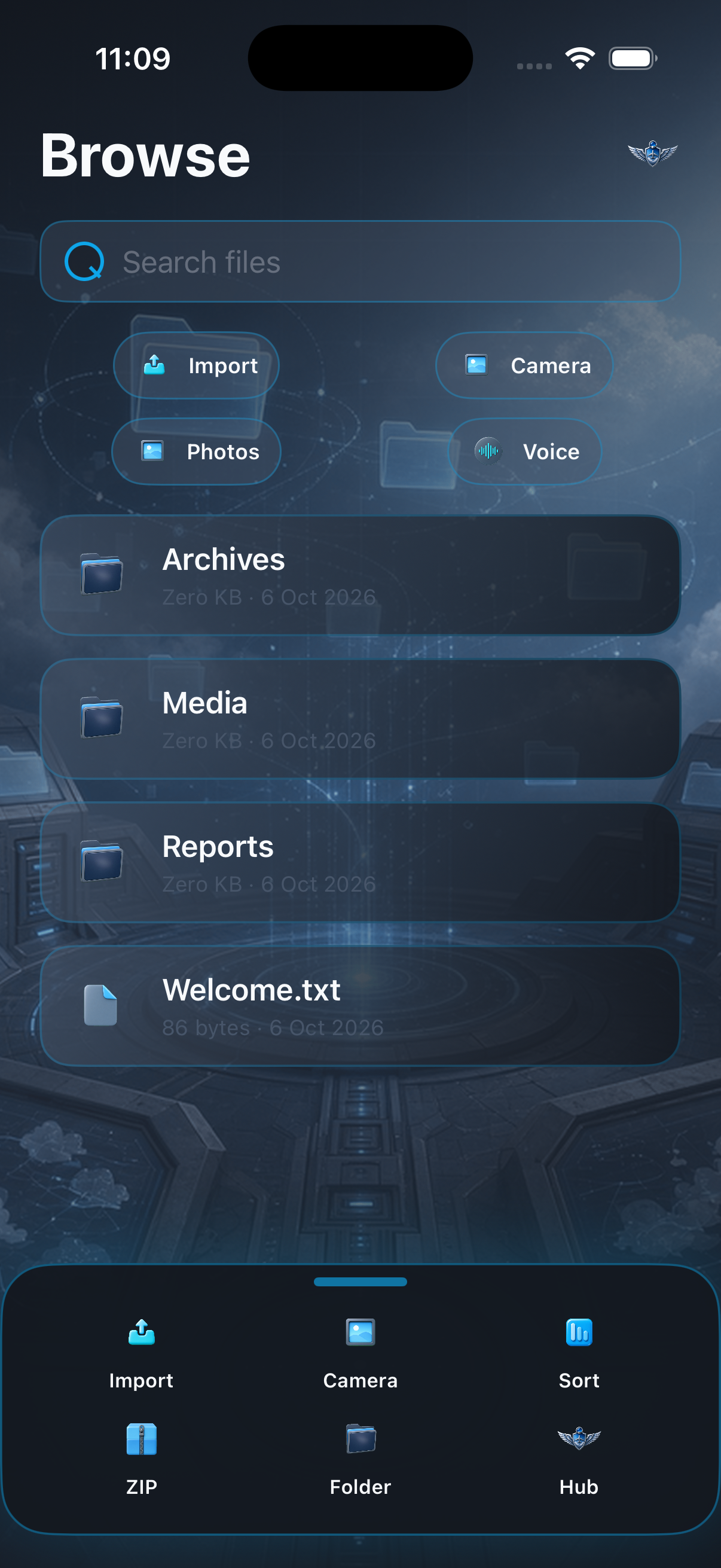File browser home with search and sections
